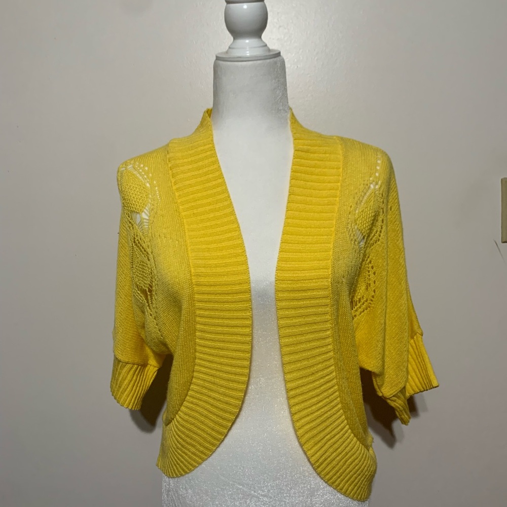 Allison Brittney Vibrant Yellow Open-Front Sweater shrug eyelet pattern Large